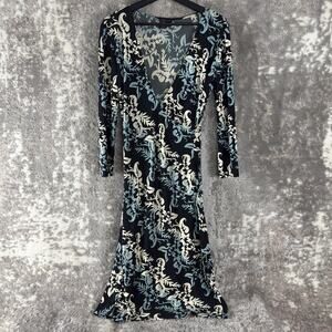 BCBGMaxazria Size M Stretch Dark Floral Print Tropical Midi Faux Wrap Dress